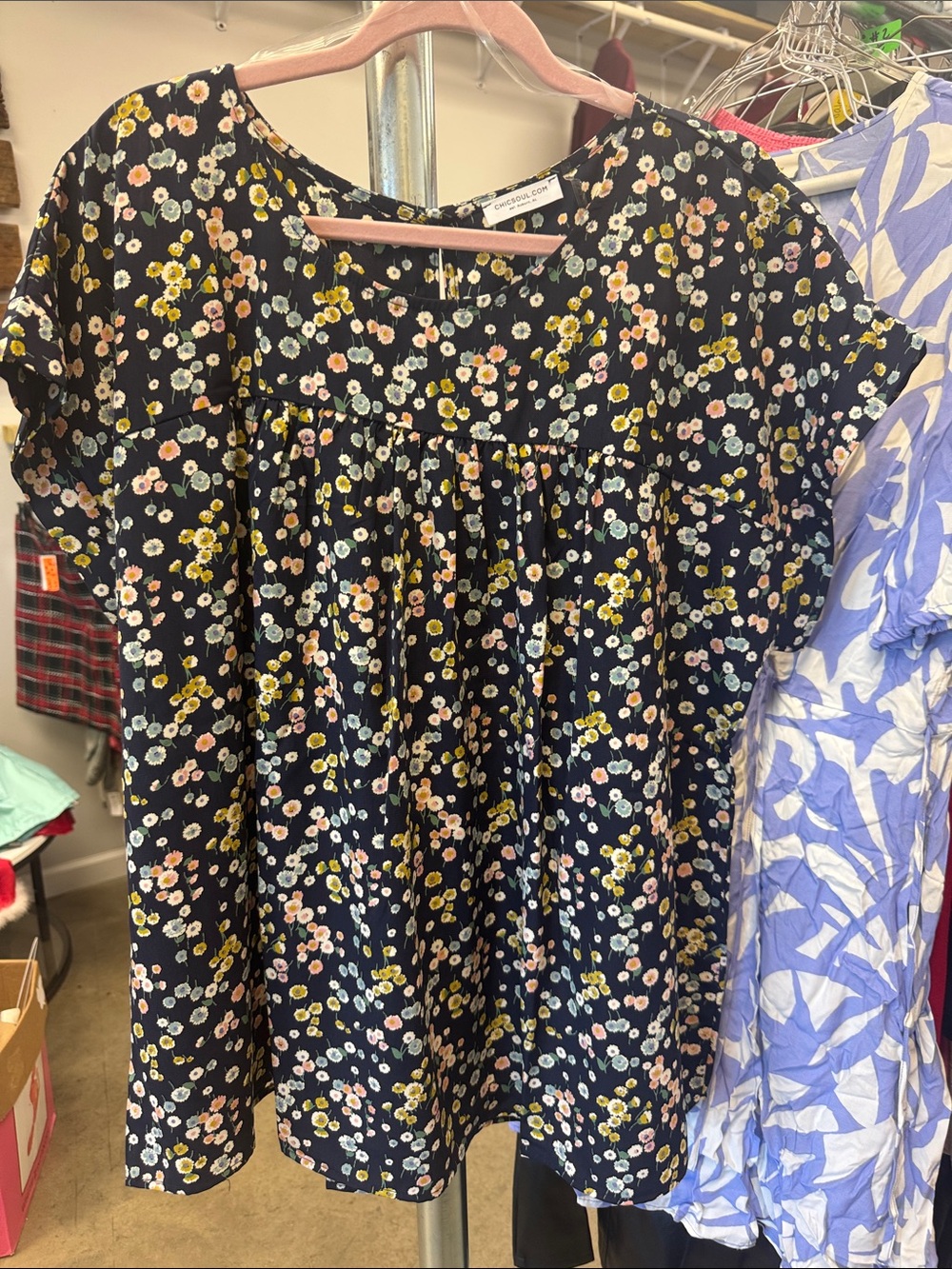Women's Floral Short-Sleeve Blouse - Navy with Pink & Yellow Flowers